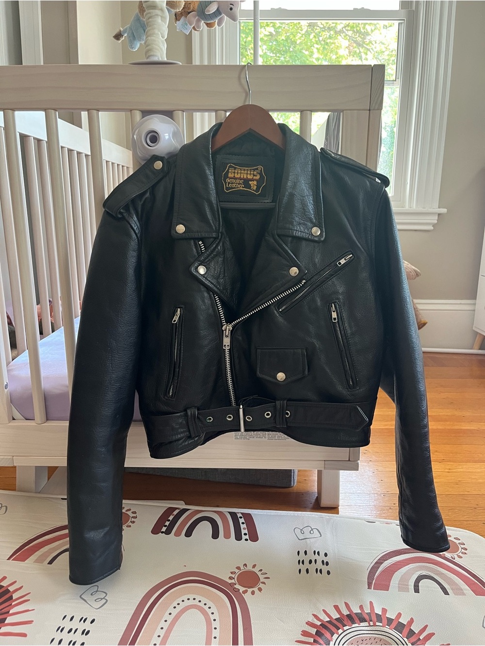 Vintage 80s 90s Bonus Black Leather Moto Jacket Belted Biker - Size S/M